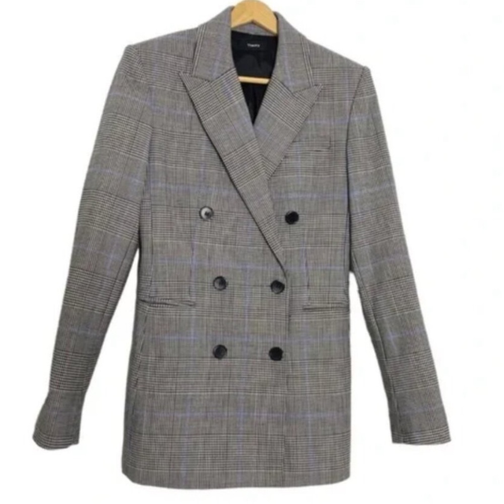 Theory Women’s Double-Breasted Gray Blazer with royal blue stripes